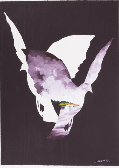 Leon DENOEL : Colombes surréalistes, Hommage à Magritte, Gouache originale signée