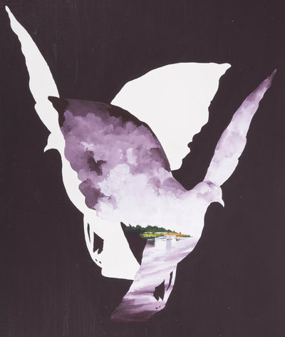 Leon DENOEL : Colombes surréalistes, Hommage à Magritte, Gouache originale signée