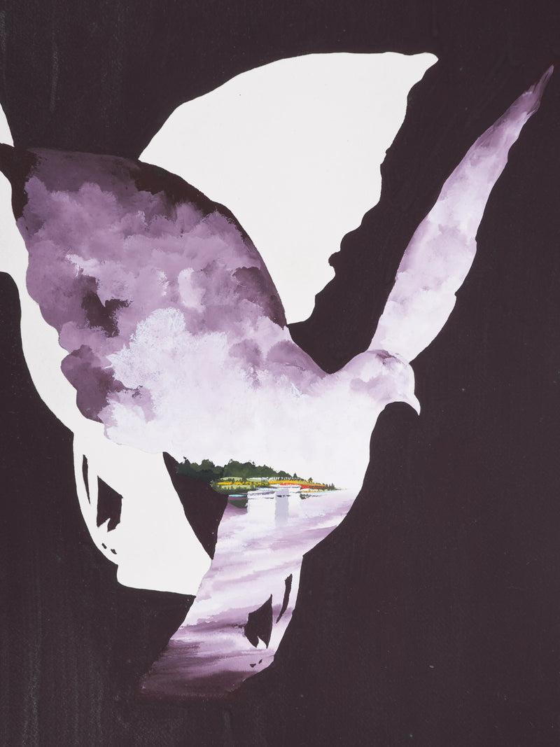 Leon DENOEL : Colombes surréalistes, Hommage à Magritte, Gouache originale signée