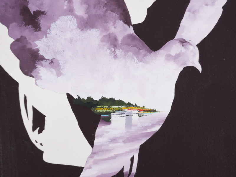 Leon DENOEL : Colombes surréalistes, Hommage à Magritte, Gouache originale signée