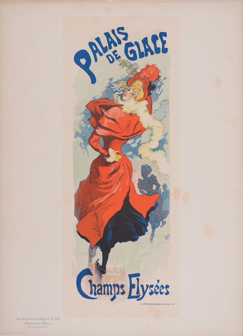 Jules CHERET : La patineuse au manteau rouge, Lithographie originale signée