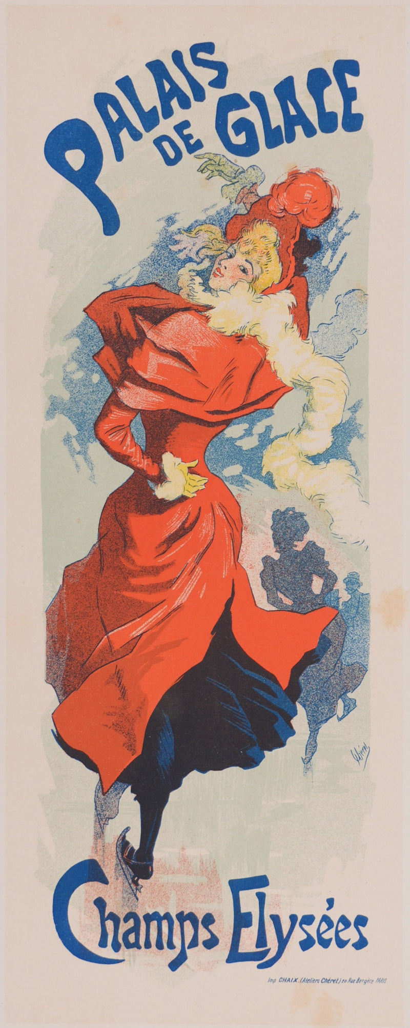 Jules CHERET : La patineuse au manteau rouge, Lithographie originale signée