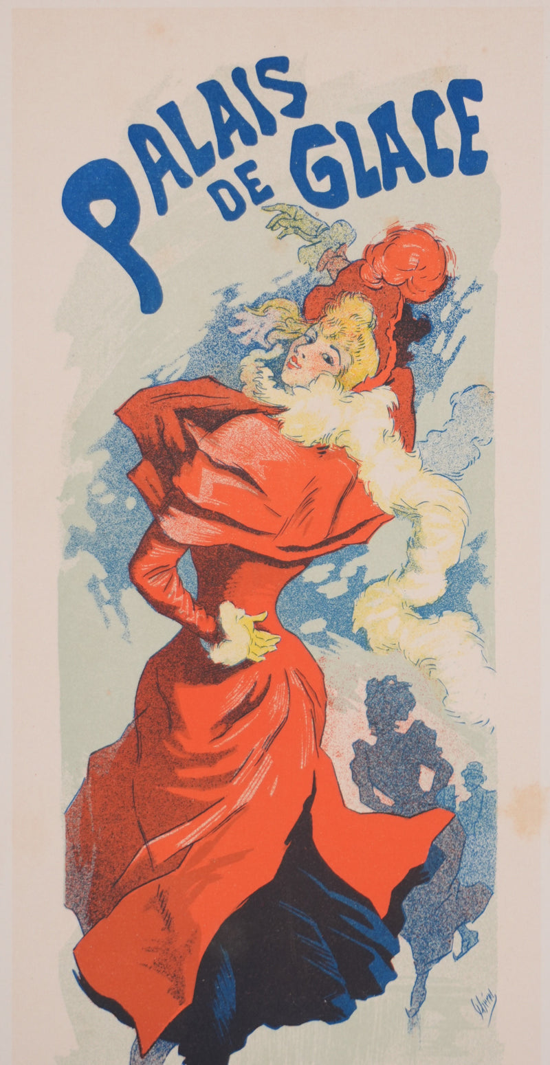 Jules CHERET : La patineuse au manteau rouge, Lithographie originale signée