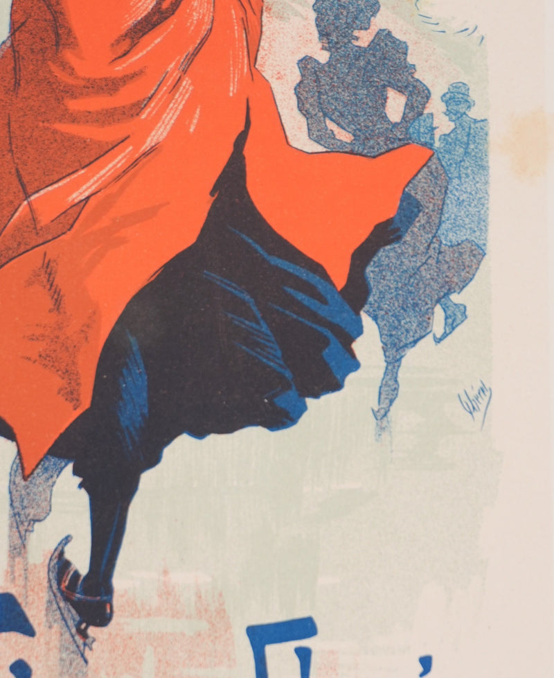 Jules CHERET : La patineuse au manteau rouge, Lithographie originale signée