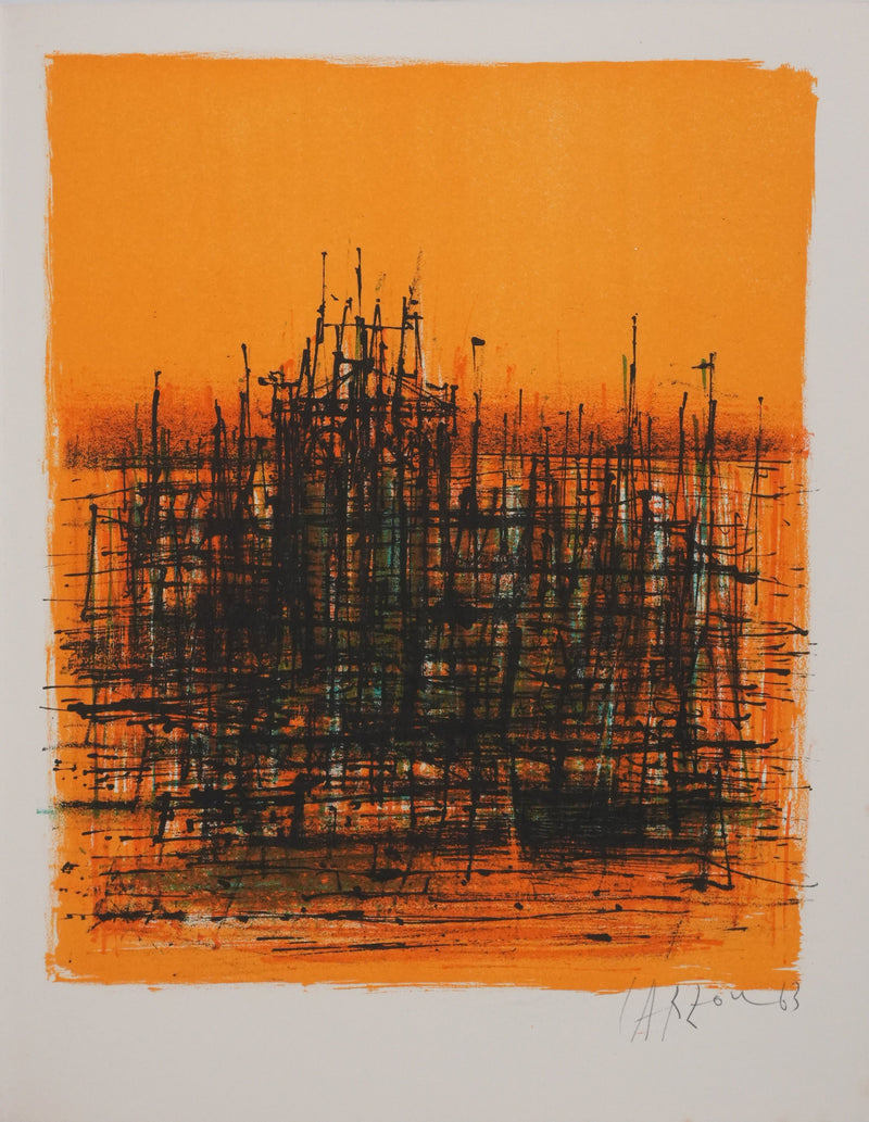 Jean CARZOU : Le coucher de soleil sur le port, Lithographie originale signée