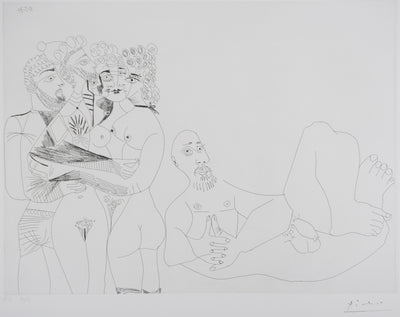 Pablo PICASSO : Les 156, Barbu fantasmant, femmes, homme et homme grec au corps de femme, Gravure originale signée