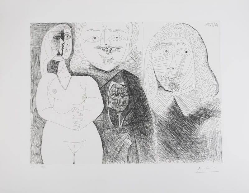 Pablo PICASSO : Les 156, Célestine et filles, avec deux hommes en costume du XVIIe siècle, Gravure originale signée