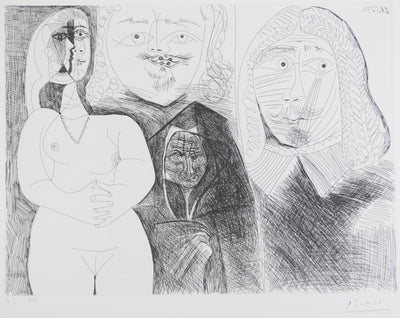 Pablo PICASSO : Les 156, Célestine et filles, avec deux hommes en costume du XVIIe siècle, Gravure originale signée