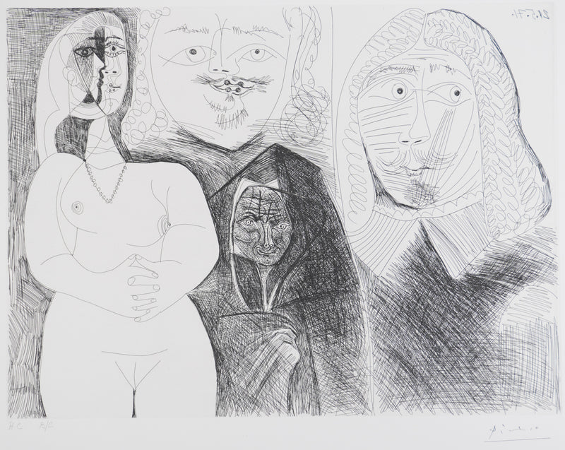 Pablo PICASSO : Les 156, Célestine et filles, avec deux hommes en costume du XVIIe siècle, Gravure originale signée
