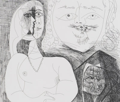 Pablo PICASSO : Les 156, Célestine et filles, avec deux hommes en costume du XVIIe siècle, Gravure originale signée
