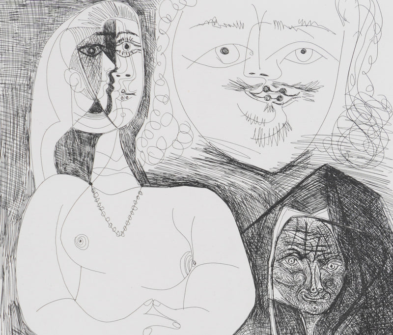 Pablo PICASSO : Les 156, Célestine et filles, avec deux hommes en costume du XVIIe siècle, Gravure originale signée