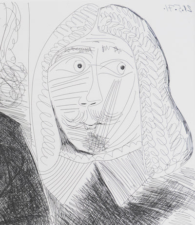Pablo PICASSO : Les 156, Célestine et filles, avec deux hommes en costume du XVIIe siècle, Gravure originale signée