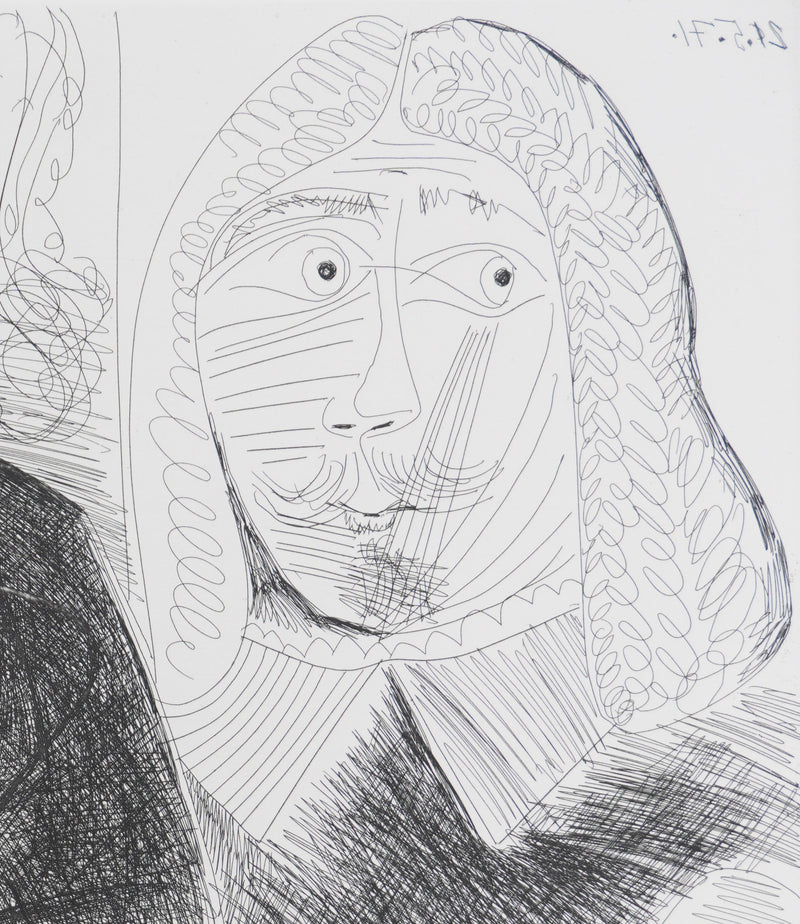 Pablo PICASSO : Les 156, Célestine et filles, avec deux hommes en costume du XVIIe siècle, Gravure originale signée