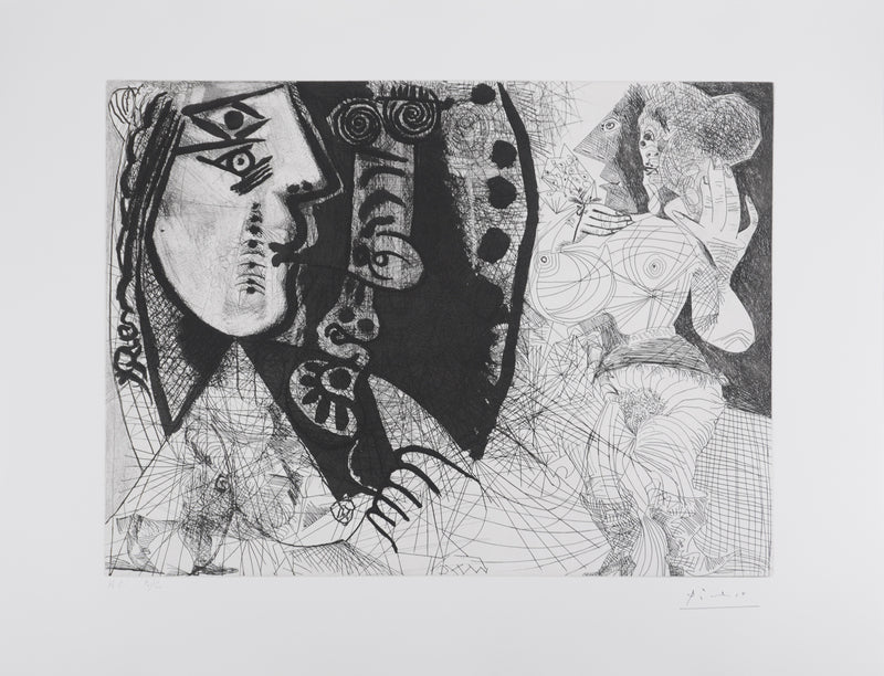 Pablo PICASSO : Les 156, Couple, femme et homme-chien. Avec femme à la fleur, Gravure originale signée