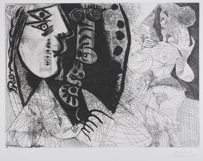 Pablo PICASSO : Les 156, Couple, femme et homme-chien. Avec femme à la fleur, Gravure originale signée