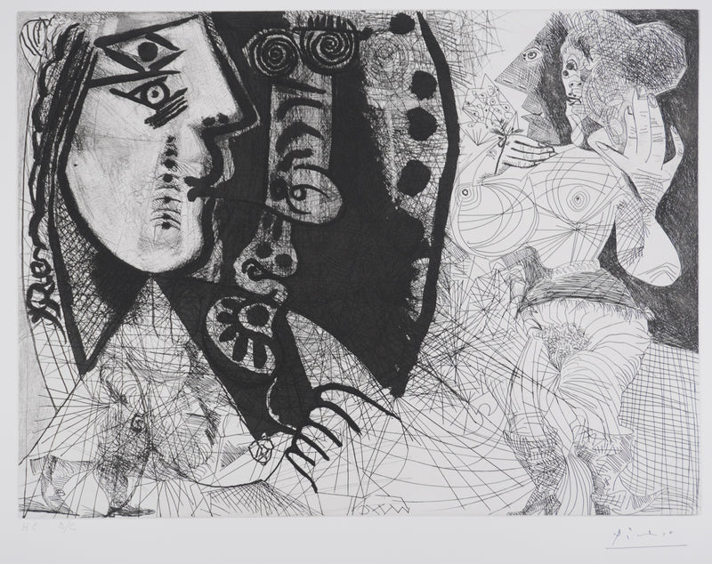 Pablo PICASSO : Les 156, Couple, femme et homme-chien. Avec femme à la fleur, Gravure originale signée