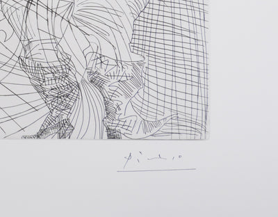 Pablo PICASSO : Les 156, Couple, femme et homme-chien. Avec femme à la fleur, Gravure originale signée