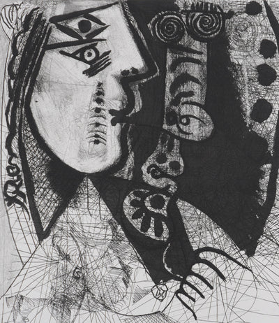 Pablo PICASSO : Les 156, Couple, femme et homme-chien. Avec femme à la fleur, Gravure originale signée