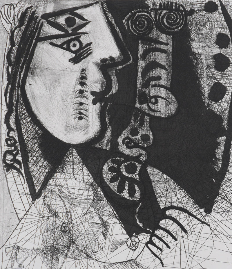 Pablo PICASSO : Les 156, Couple, femme et homme-chien. Avec femme à la fleur, Gravure originale signée