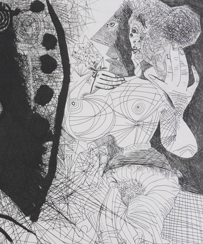 Pablo PICASSO : Les 156, Couple, femme et homme-chien. Avec femme à la fleur, Gravure originale signée