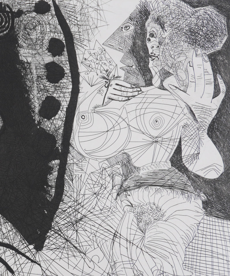 Pablo PICASSO : Les 156, Couple, femme et homme-chien. Avec femme à la fleur, Gravure originale signée