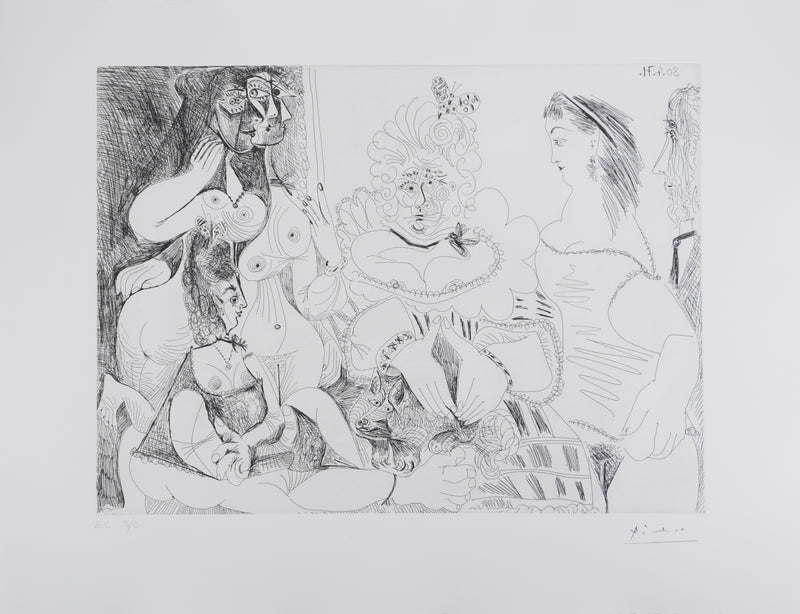 Pablo PICASSO : Les 156, La Fête de la patronne, avec un petit chien. Degas au double regard, Gravure originale signée
