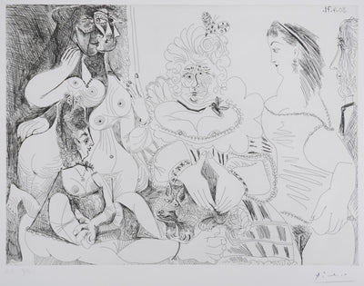 Pablo PICASSO : Les 156, La Fête de la patronne, avec un petit chien. Degas au double regard, Gravure originale signée