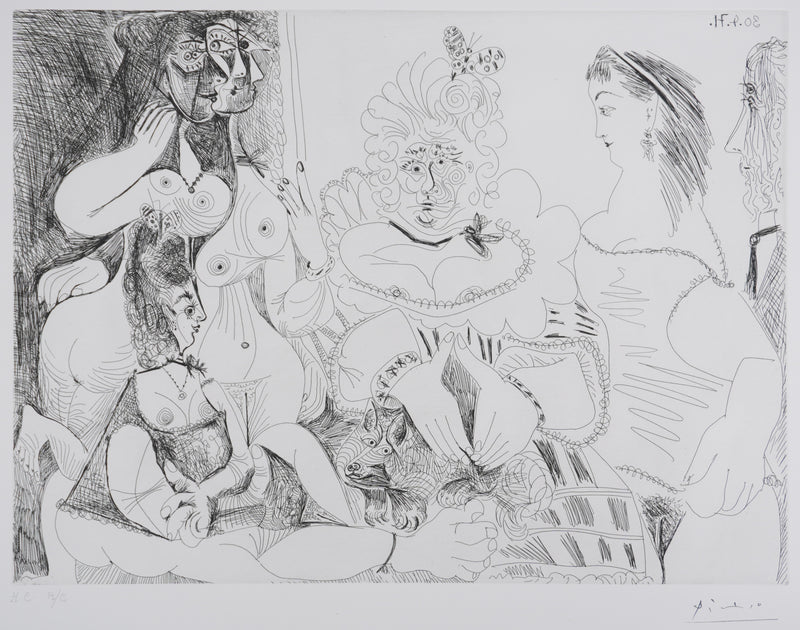 Pablo PICASSO : Les 156, La Fête de la patronne, avec un petit chien. Degas au double regard, Gravure originale signée