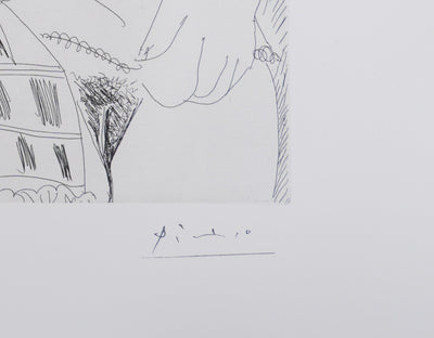 Pablo PICASSO : Les 156, La Fête de la patronne, avec un petit chien. Degas au double regard, Gravure originale signée