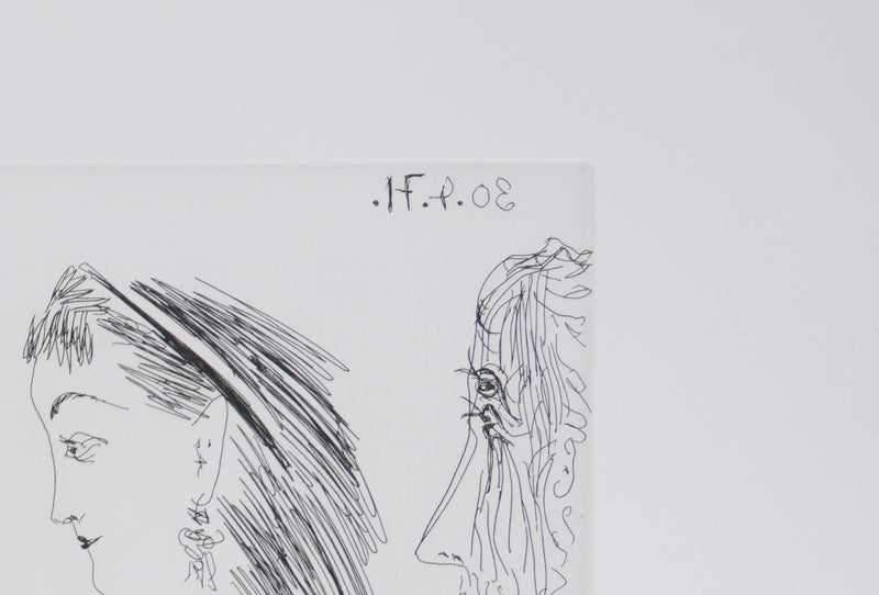 Pablo PICASSO : Les 156, La Fête de la patronne, avec un petit chien. Degas au double regard, Gravure originale signée