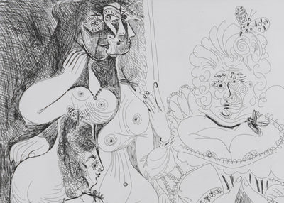 Pablo PICASSO : Les 156, La Fête de la patronne, avec un petit chien. Degas au double regard, Gravure originale signée