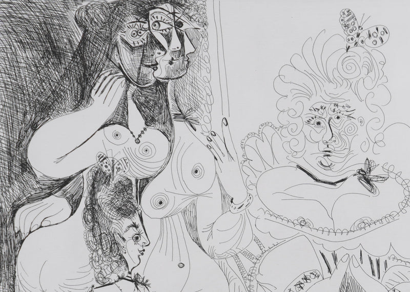 Pablo PICASSO : Les 156, La Fête de la patronne, avec un petit chien. Degas au double regard, Gravure originale signée