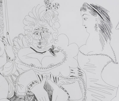 Pablo PICASSO : Les 156, La Fête de la patronne, avec un petit chien. Degas au double regard, Gravure originale signée
