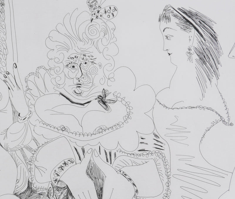Pablo PICASSO : Les 156, La Fête de la patronne, avec un petit chien. Degas au double regard, Gravure originale signée