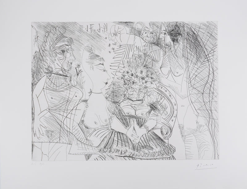 Pablo PICASSO : Les 156, La Fête de la patronne, Confetti et diablotin…, Gravure originale signée