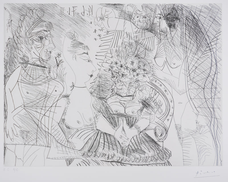 Pablo PICASSO : Les 156, La Fête de la patronne, Confetti et diablotin…, Gravure originale signée