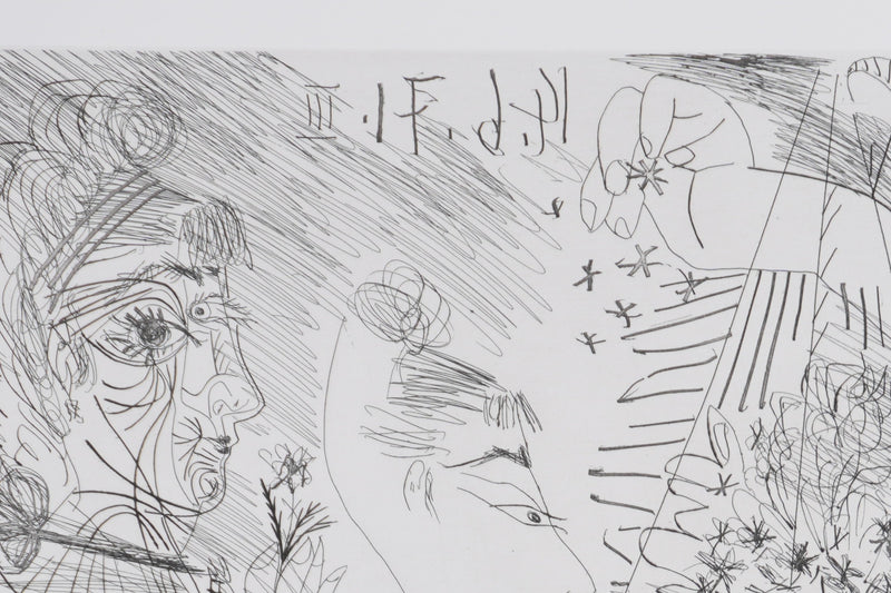 Pablo PICASSO : Les 156, La Fête de la patronne, Confetti et diablotin…, Gravure originale signée