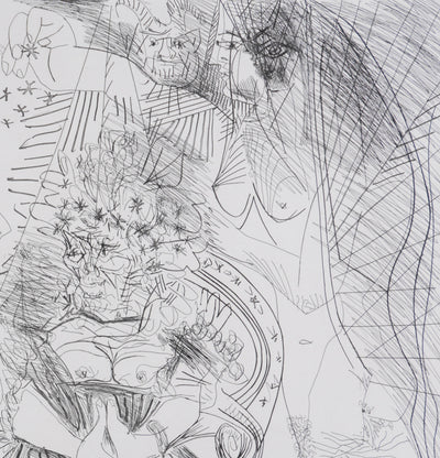 Pablo PICASSO : Les 156, La Fête de la patronne, Confetti et diablotin…, Gravure originale signée
