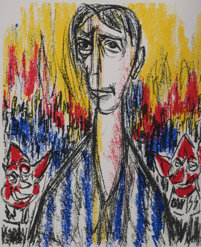 Gabriel ZENDEL : Au milieu des flammes, Lithographie originale signée