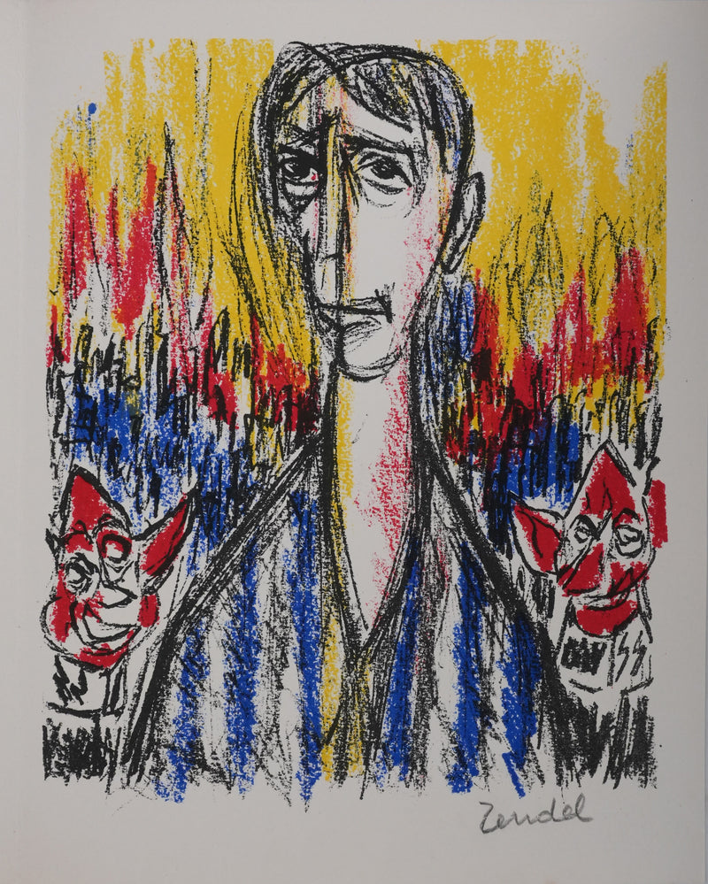 Gabriel ZENDEL : Au milieu des flammes, Lithographie originale signée