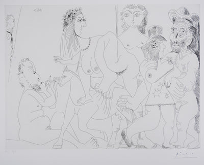 Pablo PICASSO : Les 156, Degas imaginant, Fête champêtre, avec bal musette masqué, Gravure originale signée