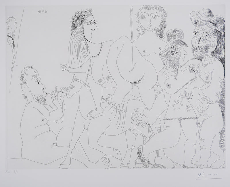 Pablo PICASSO : Les 156, Degas imaginant, Fête champêtre, avec bal musette masqué, Gravure originale signée