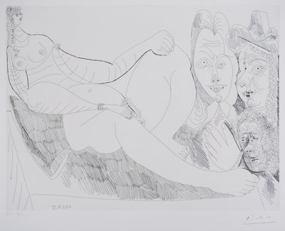 Pablo PICASSO : Les 156, Femme au lit, avec visiteurs en costume du XVIIe siècle, Gravure originale signée