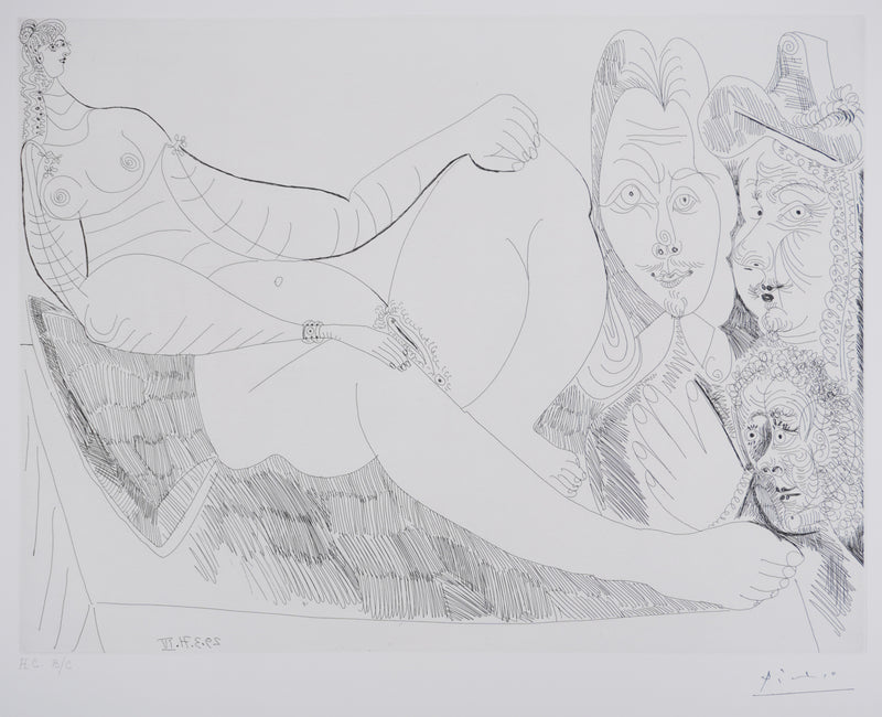 Pablo PICASSO : Les 156, Femme au lit, avec visiteurs en costume du XVIIe siècle, Gravure originale signée