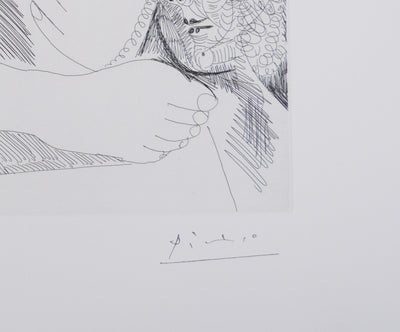 Pablo PICASSO : Les 156, Femme au lit, avec visiteurs en costume du XVIIe siècle, Gravure originale signée