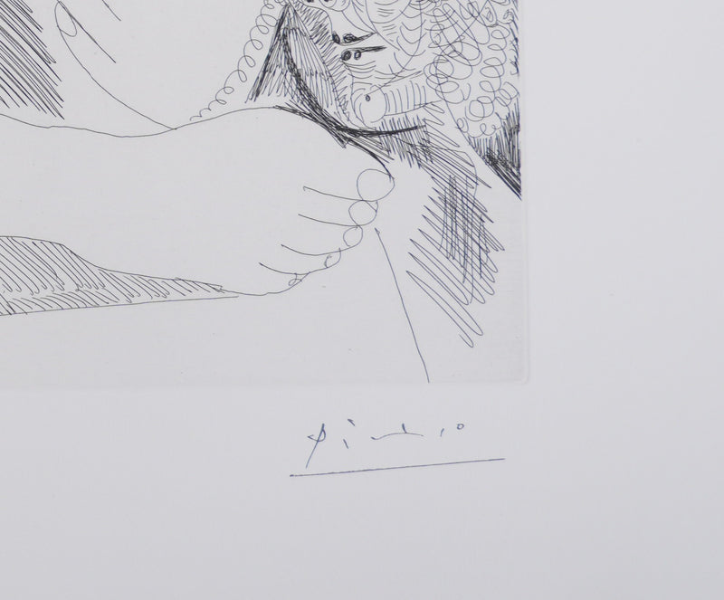 Pablo PICASSO : Les 156, Femme au lit, avec visiteurs en costume du XVIIe siècle, Gravure originale signée