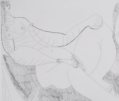Pablo PICASSO : Les 156, Femme au lit, avec visiteurs en costume du XVIIe siècle, Gravure originale signée