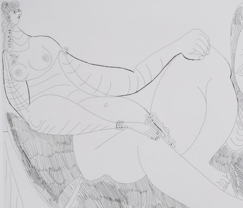 Pablo PICASSO : Les 156, Femme au lit, avec visiteurs en costume du XVIIe siècle, Gravure originale signée