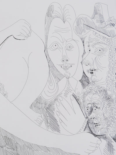 Pablo PICASSO : Les 156, Femme au lit, avec visiteurs en costume du XVIIe siècle, Gravure originale signée