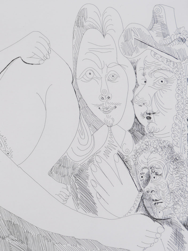 Pablo PICASSO : Les 156, Femme au lit, avec visiteurs en costume du XVIIe siècle, Gravure originale signée
